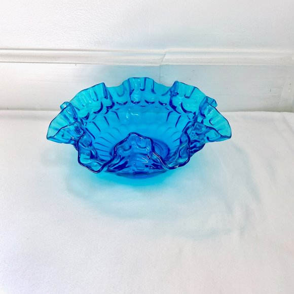 FENTON TURQUOISE GLASS RUFFLE EDGE CREST BOWL BRIDES BOWL (9") - Picture 3 of 9